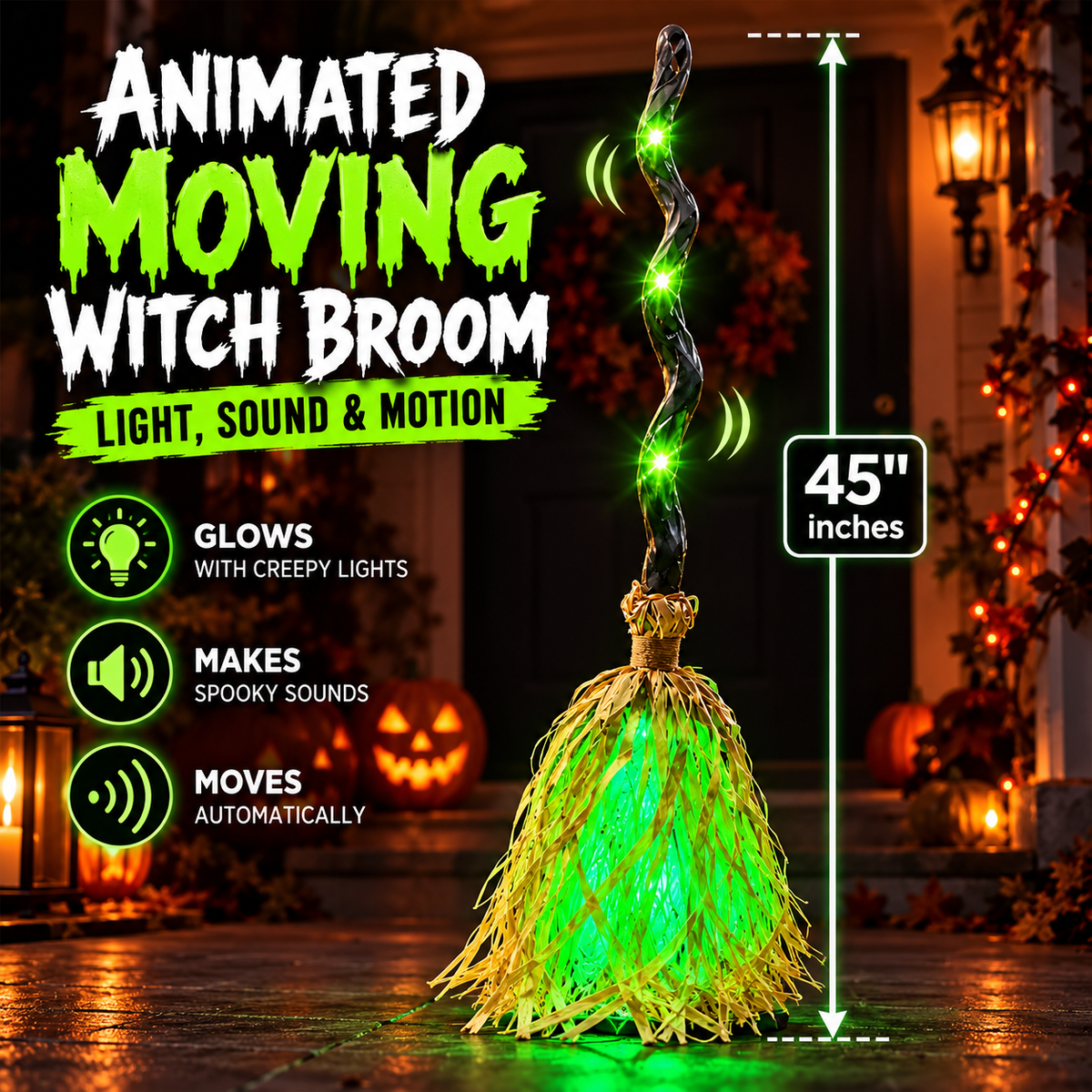 Animated Witch Broom – Moves, Lights Up & Makes Spooky Sounds