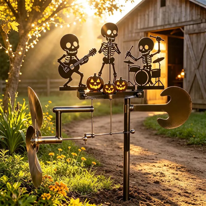 Halloween Skeleton Metal Drummer Kinetic Wind Spinner 💀🔥
