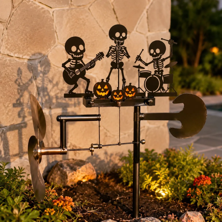 Halloween Skeleton Metal Drummer Kinetic Wind Spinner 💀🔥