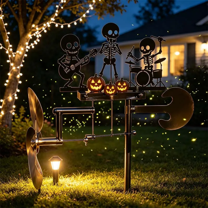 Halloween Skeleton Metal Drummer Kinetic Wind Spinner 💀🔥